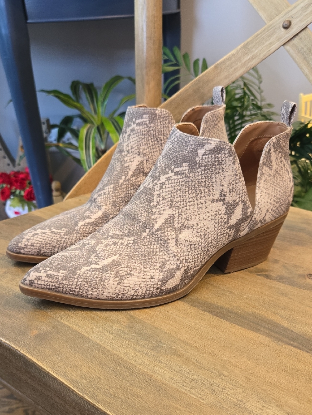 Pointed Snake-Print Ankle Booties in Taupe